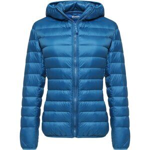 Women's Pure Acid Blue Short Down Hooded Puffer Jacket Coat Fabric Packable